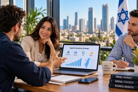 A business owner meeting a digital marketing agency team in a Tel Aviv office, reviewing a strategy for Google Ads, Meta Ads and SEO in Israel