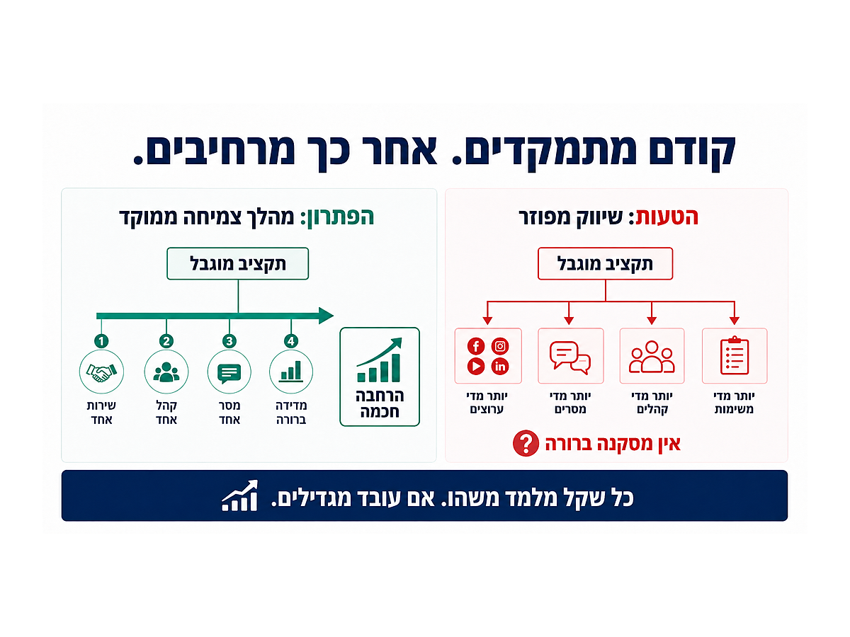 תרשים שמסביר איך לבחור חברת שיווק דיגיטלי בלי לשרוף תקציב: השוואה בין שיווק מפוזר לבין מהלך צמיחה ממוקד שמתחיל בשירות אחד, קהל אחד, מסר אחד ומדידה ברורה לפני הרחבה.