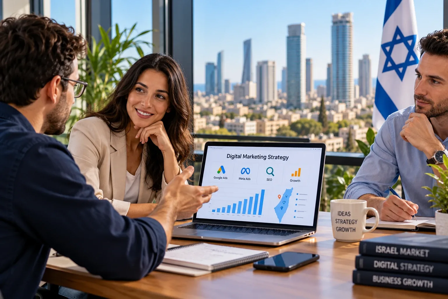 A business owner meeting a digital marketing agency team in a Tel Aviv office, reviewing a strategy for Google Ads, Meta Ads and SEO in Israel