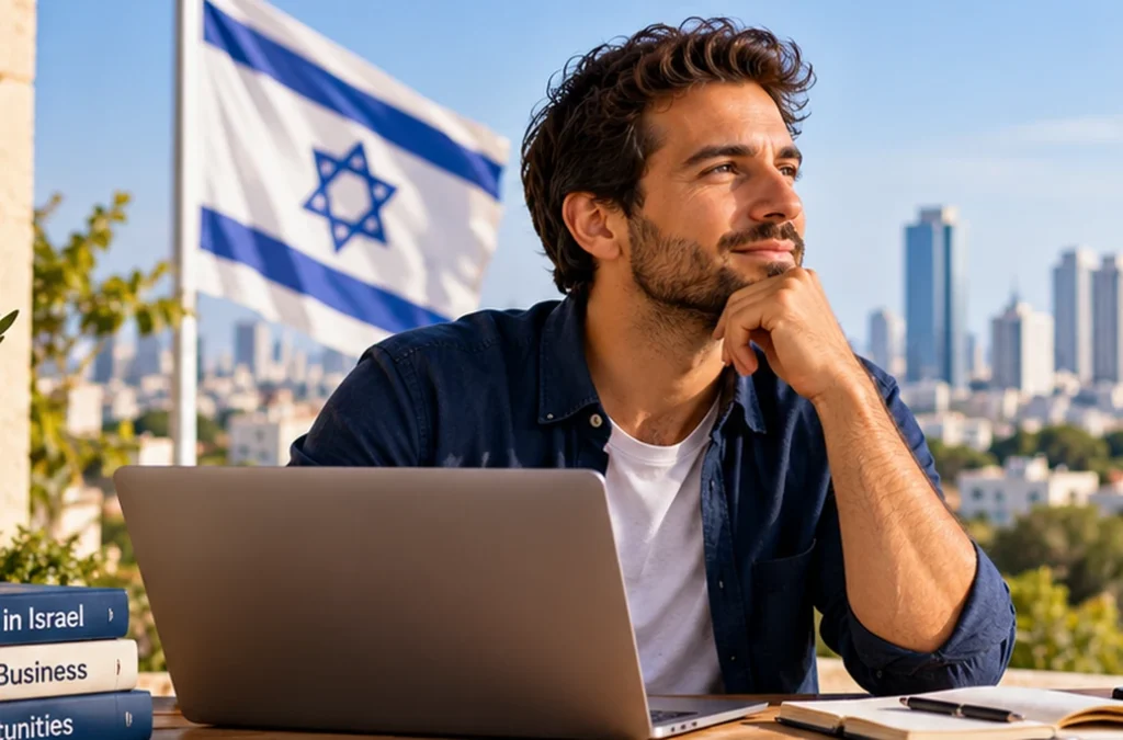 בעל עסק שעלה לישראל חושב איך לשווק את העסק החדש שלו ללקוחות ישראלים, מול נוף עירוני ודגל ישראל